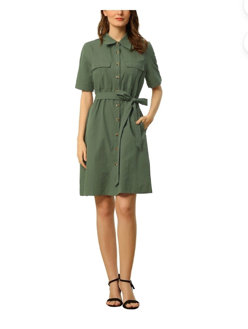 Allegra K Women's Safari Dress Summer Collared Button Down Cotton Belted Shirtdr